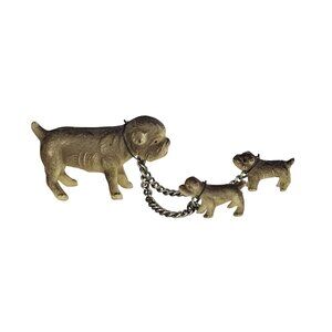 Vintage Celluloid Chained Bulldog Mom With Puppies Miniature Figurines